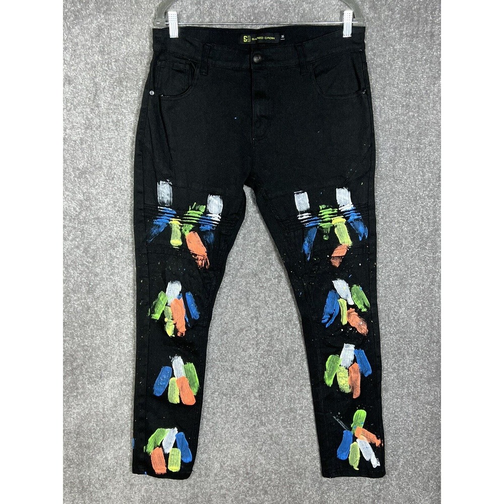 Sacred‎ Crown Paint Splatter Jeans Mens Size 36x30 Stretch Black Denim